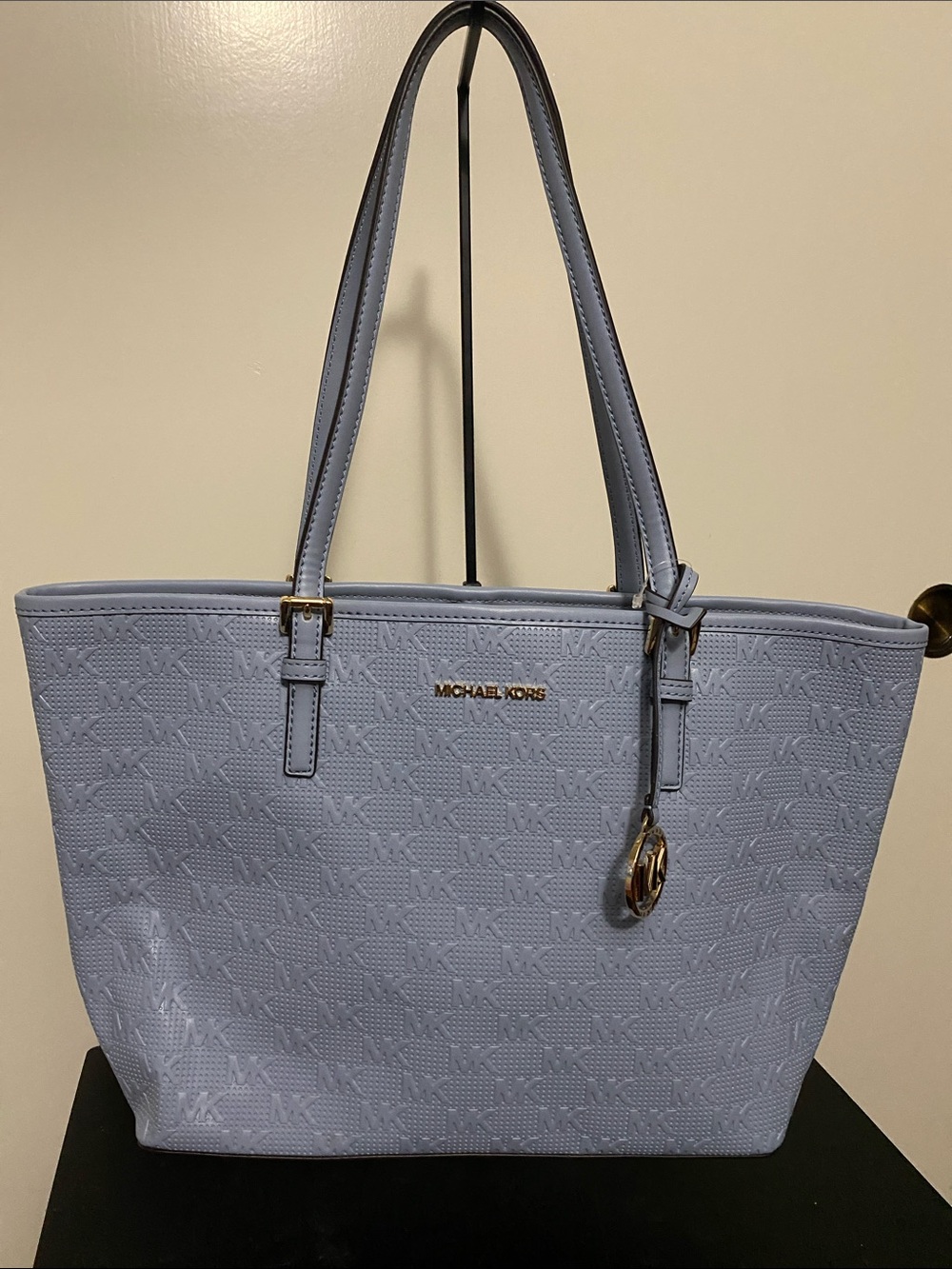 Michael Kors Light Blue Embossed Logo Tote with Gold Hardware